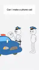 A humorous animated scene where a police officer pulls over a driver. The driver nervously asks, 'Can I make a phone call?' The officer looks surprised, then breaks into laughter, suggesting a lighthearted misunderstanding. by @madittstudios with Original Sound by madittstudios