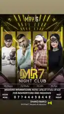An event poster for MR7 Night Club on May 6th at Baghdad International Hotel, featuring DJs Dj.Husin, Dj.Mode, Dj.Sifo, and Dj.Zee. The promotional image highlights the 'Best Night' experience with a contact number for reservations. by @djsefo with SHAKO MAKO by DYSTINCT, Mustafa Al-Abdullah