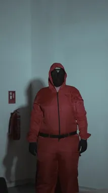 This video features characters dressed as guards from the popular series 'Squid Game,' standing in a dimly lit room. A prominent 'FAILED' stamp appears over one guard's head, suggesting a mission has gone wrong. Arabic text overlays provide context about failure and consequences. The scene transitions to display contact information for 'DIRECTLINE,' including a phone number and office address in Doha, Qatar. by @directline with directline by Original Sound