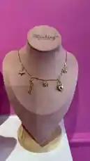 A close-up showcase of a delicate gold charm necklace from Blushing Boutique. The piece features a dainty chain adorned with five distinct charms: a pair of angel wings, a vintage-style key, a square locket, a heart-shaped padlock, and a butterfly. Displayed elegantly on a pink velvet bust against a vibrant pink background, the video highlights the intricate details and fashionable design of this new jewelry addition. by @bx301a with original sound