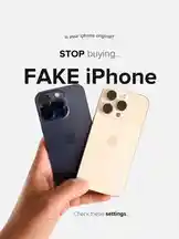 A hand holds two iPhones—one dark blue, one beige—side by side against a clean white background. Text overlays warn viewers: 'is your iphone original?' followed by 'STOP buying... FAKE iPhone' and 'Check these settings.' The visual suggests a tutorial on identifying counterfeit Apple devices through device settings. The creator, Ab😇🕊️, presents a clear, direct message aimed at consumers concerned about authenticity. by @ab_god18 with original sound