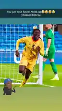 A soccer player in a yellow jersey celebrates a goal near the net, with a goalkeeper in green visible in the background. The scene is set on a professional pitch with stadium seating, capturing a moment of triumph. by @be-sassyish with Waist & Power by 4x4