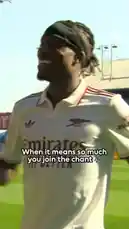 A close-up of Arsenal player Fabio Vieira celebrating a goal scored from a corner kick. He runs towards the camera, smiling widely, before joining his teammates in a jubilant celebration near the sideline. The crowd roars in the background. by @premierleague with Original Sound by premierleague