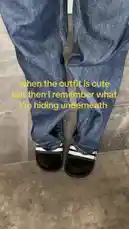 A person wearing jeans and slides looks down at their feet. They then lift their pant leg to reveal they are wearing black socks with a large, round, silver-colored metal ring attached to them. The ring has 'SCHNEIDER' written on it. Text overlay reads, 'when the outfit is cute but then I remember what I'm hiding underneath'. A child's voice says, 'Hey, I was invisible! Cool!' followed by another voice saying, 'I don't feel so good.' by @uk-gos with Original Sound by uk-gos