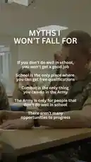 This video debunks common misconceptions about joining the British Army. It addresses myths such as 'school performance determines your job,' 'combat is the only role,' and 'there aren't many opportunities to progress.' Featuring a soldier in a classroom setting, it challenges outdated stereotypes and highlights the diverse career paths available within the modern military. by @britisharmyhq with original sound