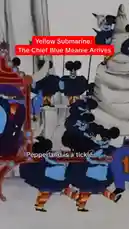 Witness the arrival of the Chief Blue Meanie in his ornate blue carriage, setting the stage for his invasion of the colorful world of Pepperland. This iconic scene from The Beatles' 'Yellow Submarine' features the villain's menacing presence, his loyal minions, and the chilling declaration, 'Pepperland goes blue.' by @thebeatles with March Of The Meanies (Remastered 2009) by George Martin