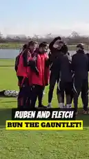 A group of Manchester United players, including Ruben and Fletcher, gather in a circle on the training pitch before starting their warm-up session. They are seen interacting and then breaking apart to begin light jogging across the field. by @manutd with Original Sound by manutd