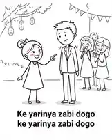 Watch Ameerah's delightful Swahili children's song 'Zabi Dogo' come to life with charming black-and-white illustrations! This engaging video features scenes of a girl pointing to a man, a woman walking towards a chair, and a joyful group dancing together. Each frame includes the Swahili lyrics, making it perfect for learning language through music and coloring. It's a fun way for kids to learn new words while enjoying the catchy tune. by @itz.miirah with Original Sound by itz.miirah