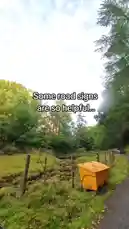 A first-person view from a motorcycle riding down a narrow country road through a lush forest. Ahead, another motorcyclist is visible. As the rider approaches a bend, a blue car is seen parked on the side of the road, seemingly having just pulled over. The scene captures a moment of rural travel and an unexpected roadside event. by @uk-gos with Original Sound by uk-gos