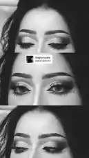 A captivating black-and-white montage of makeup artist Batoool Alasmari showcasing her dramatic eye look. The video features a layered, artistic style with text overlays crediting 'Batoool Alasmari' and 'Original audio abood.alobeed'. It's a visually striking piece that blends high-fashion makeup artistry with a unique audio track, creating a memorable aesthetic. by @batoolmakeup1 with Original Sound by batoolmakeup1