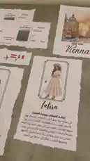 This video presents a beautifully crafted, scrapbook-style travel narrative. It features personalized 'boarding passes' for destinations like Vienna and Jordan, complete with illustrated portraits of travelers named Zahra, Amran, Muhammed, and Mohammed. Each card includes a charming story in Arabic, detailing their journey, personalities, and reasons for travel. The overall aesthetic is artistic and sentimental, perfect for sharing a unique travel experience. by @rubaaomaar with Original Sound by rubaaomaar