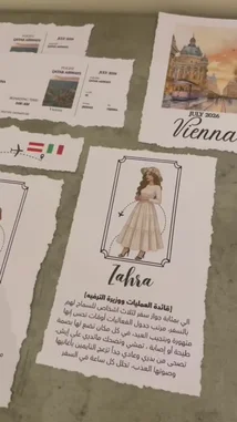 This video presents a beautifully crafted, scrapbook-style travel narrative. It features personalized 'boarding passes' for destinations like Vienna and Jordan, complete with illustrated portraits of travelers named Zahra, Amran, Muhammed, and Mohammed. Each card includes a charming story in Arabic, detailing their journey, personalities, and reasons for travel. The overall aesthetic is artistic and sentimental, perfect for sharing a unique travel experience. by @rubaaomaar with Original Sound by rubaaomaar