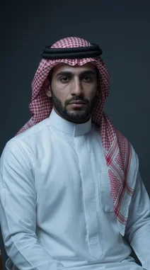 A man dressed in traditional Saudi attire, including a white thobe and red-and-white checkered ghutra, is shown in a close-up portrait. The scene transitions to him seated on an ornate golden throne, surrounded by scattered currency, with the date '15.7.2026' displayed. The Arabic voiceover adds a narrative element, suggesting themes of legacy and future leadership. by @dotmedia.sa with Original Sound by dotmedia.sa