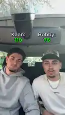 Two friends, Bobby and Kaan, are locked in a playful but competitive scoring challenge inside a car. With their scores displayed on screen—Kaan starting at 110 and Bobby at 76—they react in real-time to changing numbers. The atmosphere is tense and fun as they point, smile, and strategize, creating a classic 'score battle' moment perfect for social media. by @bobix_s with bobix_s by Original Sound
