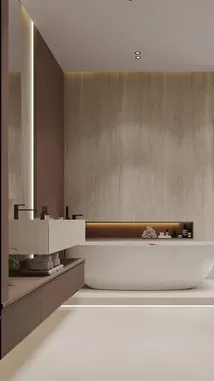 Explore a stunning contemporary bathroom featuring a freestanding bathtub, a spacious glass-enclosed walk-in shower with a rainfall fixture, and warm ambient lighting. This minimalist design showcases clean lines, neutral tones, and elegant fixtures, perfect for modern home renovation inspiration. by @construct151 with construct151 by Original Sound