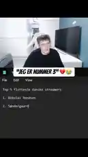 In this engaging clip, Danish streamer NoHuzzArtem shares his personal list of the top 5 most popular Danish Twitch streamers. He reveals the first two names—Nikolas Bendsen and Søndergaard—and then begins typing his own name, 'NoHuzzArtem,' as number three. The moment is filled with suspense, highlighted by a text overlay reading 'JEG ER NUMMER 3' ('I am number 3') accompanied by a crying emoji. This direct reveal creates a strong hook, showcasing a relatable moment of self-identification within the online streaming community. by @artems-snap with Original Sound by Contains: Money Count - 2COLD, RRoxket