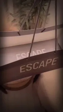 This elegant product showcase features the unboxing of an 'ESCAPE' branded chocolate gift set. The camera pans across a beautifully styled wooden surface, revealing a sleek grey gift bag with the brand name, a white vase with dried pampas grass, and a luxurious open box filled with assorted chocolates. The minimalist aesthetic and sophisticated branding create a premium feel, perfect for gifting. by @rf259108 with Original Sound by rf259108