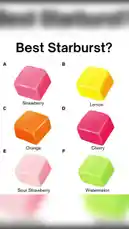 A vibrant graphic presents six different Starburst flavors—Strawberry, Lemon, Orange, Cherry, Sour Strawberry, and Watermelon—arranged in a grid for a taste test showdown. The image poses the question 'Best Starburst?' inviting viewers to decide which fruity candy reigns supreme. by @marvedtv with Original Sound by marvedtv