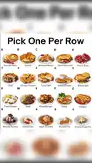 This static image presents a fun 'Pick One Per Row' food challenge. Viewers are invited to select one dish from each row of delicious options, ranging from breakfast favorites like pancakes and burritos to savory meals such as chicken tenders and steak, and sweet desserts including cheesecake and apple crumble. by @marvedtv with Original Sound by marvedtv
