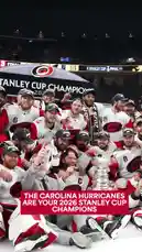 A jubilant Carolina Hurricanes team celebrates their victory in the 2026 Stanley Cup Finals. Players are seen posing together on the ice with the iconic Stanley Cup trophy amidst falling confetti and smoke bombs. Individual players take turns hoisting the championship trophy high above their heads, sharing moments of pure elation with the crowd. The arena is filled with fans cheering as the team celebrates their hard-earned title. by @nhl with Original Sound by nhl