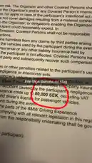 A close-up view of the liability waiver document for the BMW Driving Experience event. The text highlights key points about participant responsibilities, insurance coverage limits up to 80,000 SEK, and exclusions for intentional acts or negligence. This essential information is crucial for anyone participating in a driving experience program. by @tershine with original sound