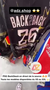 Watch adz.shop showcase their new PSG 'Back2Back' collection in real-time. See the black, white, and blue jerseys with 'Champions d'Europe' printed on the back. All sizes from XS to XXL are available for purchase. by @adz.shop with Original Sound by adz.shop