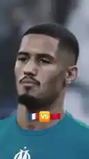 A dynamic montage showcasing footballer Saliba in various intense moments during matches, including a close-up of his focused expression, skillful dribbling against opponents in different kits, and a powerful shot on goal. The 'France vs Morocco' overlay suggests key international play. by @omofficial with Original Sound by omofficial