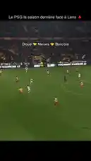 This high-energy football clip captures a pivotal moment from a Ligue 1 match. A player in white, identified on-screen as Neves, receives the ball near the penalty box. He skillfully maneuvers past a defender and unleashes a powerful shot into the net, scoring a spectacular goal. His teammates rush to celebrate with him as he raises his arms in triumph. The crowd erupts in the background, and advertising boards for sponsors like Auchan and Groupe Lemperer are visible around the pitch. by @ligue1 with Original Sound by ligue1
