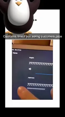 A humorous take on customer interactions, starting with a penguin filter and a language settings screen, then cutting to a man in a black shirt with crossed arms, all under the theme 'Confusion time if you asking customers price'. by @in.100service with in.100service by Original Sound
