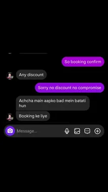 This clip shows a real-time chat where a user attempts to negotiate a discount for a booking. The service provider firmly declines but confirms the reservation, explaining they've already taken it. It's a clear example of setting boundaries during customer negotiations. by @in.100service with in.100service by Original Sound