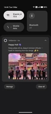This video shows a phone screen with notifications from '100Service' about cleaning. It features a message saying 'Happy Holi!' and a photo of people in uniform standing in front of a building. The screen also displays Wi-Fi, Bluetooth, and mobile data settings. by @in.100service with sahil31_2 by Original Sound