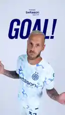 A player in an Inter Milan jersey celebrates a goal with arms outstretched. The word 'GOAL!' is displayed prominently above him, along with the 'betsson sport' logo. The player has tattoos on his arms and is wearing a light-colored jersey with a geometric pattern. by @interofficial with original sound