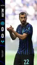 A player from Inter Milan, wearing jersey number 22, claps his hands during halftime of a 0-0 soccer match. The scoreboard on the left indicates 'HALFTIME' and shows the current score. The player is dressed in Inter's signature blue and black striped kit, with the club's logo and sponsor 'Gatorade' visible. This moment captures the pause in play where athletes regroup before the second half. by @interofficial with original sound