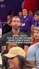 This video captures Olympic swimming legend Michael Phelps attending the Phoenix Mercury's Diana Taurasi Ring of Honor and jersey retirement ceremony. Phelps is seen seated among the crowd, clapping enthusiastically as Taurasi is honored on the basketball court during a WNBA game. by @wnba with Original Sound by Contains: Beat Hip Hop Melody Sampled - WM Beats