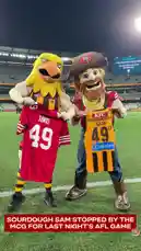 In a fun pre-game moment, the San Francisco 49ers mascot Sourdough Sam poses with a mascot from the Hawks on the field. Both mascots proudly display jerseys with the number 49, celebrating their shared connection before the AFL game. by @sf49ers with Original Sound by sf49ers