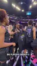 This high-energy video captures a WNBA team celebrating their playoff run on the court. Players are seen joyfully wearing special 'Playoffs' jerseys and posing with the team mascot. The atmosphere is electric, showcasing the excitement and camaraderie of professional women's basketball. by @wnba with Original Sound by wnba