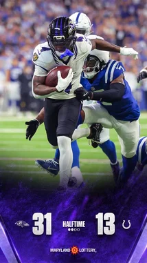 Watch the Baltimore Ravens dominate the Indianapolis Colts during halftime of their NFL matchup. This dynamic clip captures a Ravens player breaking through the defense with the ball, showcasing the team's offensive strength. The scoreboard shows a commanding 31-13 lead for the Ravens, reflecting their strong performance in the first half. Perfect for fans looking to relive key moments from the game. by @bltravens with original sound