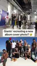 The New York Giants recreate a famous album cover photo in a fun team-building moment. The split-screen shows the players posing in a warehouse, then in their recreation of the iconic image on a boat. It's a playful take on sports culture and pop art. by @yahoosports with Original Sound by yahoosports