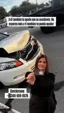 In this scene, Kastiela Garcia stands confidently in front of a white car with significant front-end damage from an accident. She holds up a business card towards the camera, offering her assistance. Text overlays in Spanish read 'I help him/her with his/her accident. Don't wait any longer, I can help you too' and provide a phone number to contact her. by @kastielagarcia with kastielagarcia by Original Sound
