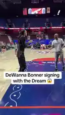 Witness DeWanna Bonner signing with the Atlanta Dream in a celebratory moment on the court. This video captures her arrival and interaction with teammates during a practice session, highlighting a significant move in her professional basketball career. by @yahoosports with Original Sound by Contains: Racks - TheTrapLabb