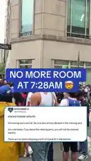 A massive crowd of New York Knicks fans floods the streets of Manhattan for the team's 2024 NBA championship victory parade. Wearing jerseys and celebrating, they march past iconic buildings under a bright sky. A text overlay from @NYPDnews confirms all viewing pens are full and no re-entry is allowed, adding to the sense of a once-in-a-lifetime event. by @yahoosports with Original Sound by yahoosports