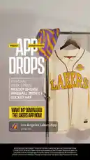 This promotional image announces the Los Angeles Lakers' weekly app sweepstakes for February Week 3. Viewers are encouraged to download the official Lakers app to enter for a chance to win a special Melody Ehsani baseball jersey and bucket hat. The visual features the stylish apparel hanging on a rack, highlighting the unique collaboration between the team and the fashion brand. by @lakerssnaps with original sound