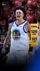 A dynamic scene captures a Golden State Warriors player celebrating a pivotal moment during their final game against the Los Angeles Lakers. The scoreboard confirms the Warriors' 126-121 win, highlighting the intensity and emotion of the matchup. This high-energy moment showcases team spirit and competitive excellence. by @warriors with original sound