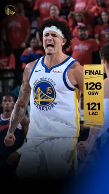 A dynamic scene captures a Golden State Warriors player celebrating a pivotal moment during their final game against the Los Angeles Lakers. The scoreboard confirms the Warriors' 126-121 win, highlighting the intensity and emotion of the matchup. This high-energy moment showcases team spirit and competitive excellence. by @warriors with original sound
