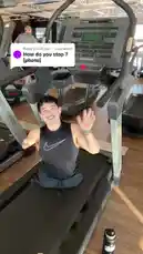 In this energetic gym scene, Timur demonstrates a unique workout routine on a treadmill. He's seen actively moving his arms and upper body while seated on the moving belt, showcasing strength and coordination. The video includes a text overlay asking 'How do you stop?' suggesting a focus on fitness techniques or equipment interaction. by @onelimbtim with Original Sound by onelimbtim