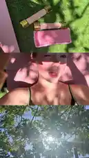 A serene, sun-drenched day captured in three scenes. It begins with a top-down view of pink dumbbells and a matching ice pack resting on vibrant green grass. The middle shot is a close-up selfie of Ruby Jay, her face partially shaded, tongue playfully sticking out, basking in the warm sunlight. The final scene looks up through lush green tree leaves towards a bright, glowing sun, creating a peaceful and natural atmosphere. by @iamrubyjay with Original Sound by Contains: Sun Kissed & Unbothered - Sasha Jones