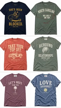 A showcase of six vintage-inspired graphic t-shirts from Mark The Shark's collection. Each shirt features witty slogans and retro designs, including 'She's Been Blocked,' 'North Carolina We Like It On Top,' 'Take Your Top Off,' 'Rebound Relationships Never Last,' 'Let's Meet For Tee,' and 'Love Anyone?'. The designs blend college humor, relationship satire, and nostalgic aesthetics perfect for casual wear. by @mts550 with original sound