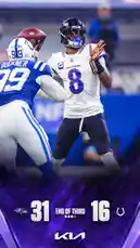 Watch the Baltimore Ravens take on the Indianapolis Colts in a high-stakes NFL matchup. This dynamic scene captures quarterback Lamar Jackson (#8) preparing to throw under pressure from Colts defender #99 during the third quarter. With the score at 31-16 in favor of the Ravens, the intensity is palpable. The action-packed moment is enhanced with vibrant purple graphics and official NFL branding, showcasing a pivotal play in the game. by @bltravens with original sound