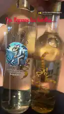 Grupo Exterminador 님이 만든 Las Monjitas 포함 @la_kari365 님이 만든 In this close-up shot, Kari holds and displays two distinct bottles of mezcal. One features a traditional 'Mis 3 Chulas' label with an illustration of a man in a sombrero, while the other contains a whole scorpion suspended in the golden liquid. The camera focuses on the details of the labels and the unique contents, providing a clear view of these artisanal spirits.