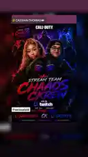 A vibrant promotional graphic for Stream Team Chaao Crew announces their live takeover on Twitch for a Call of Duty event. Featuring streamers Cassian Thomas and Seriously FD, the image highlights their partnership and energetic gaming community vibe. by @seriouslyfd with original sound